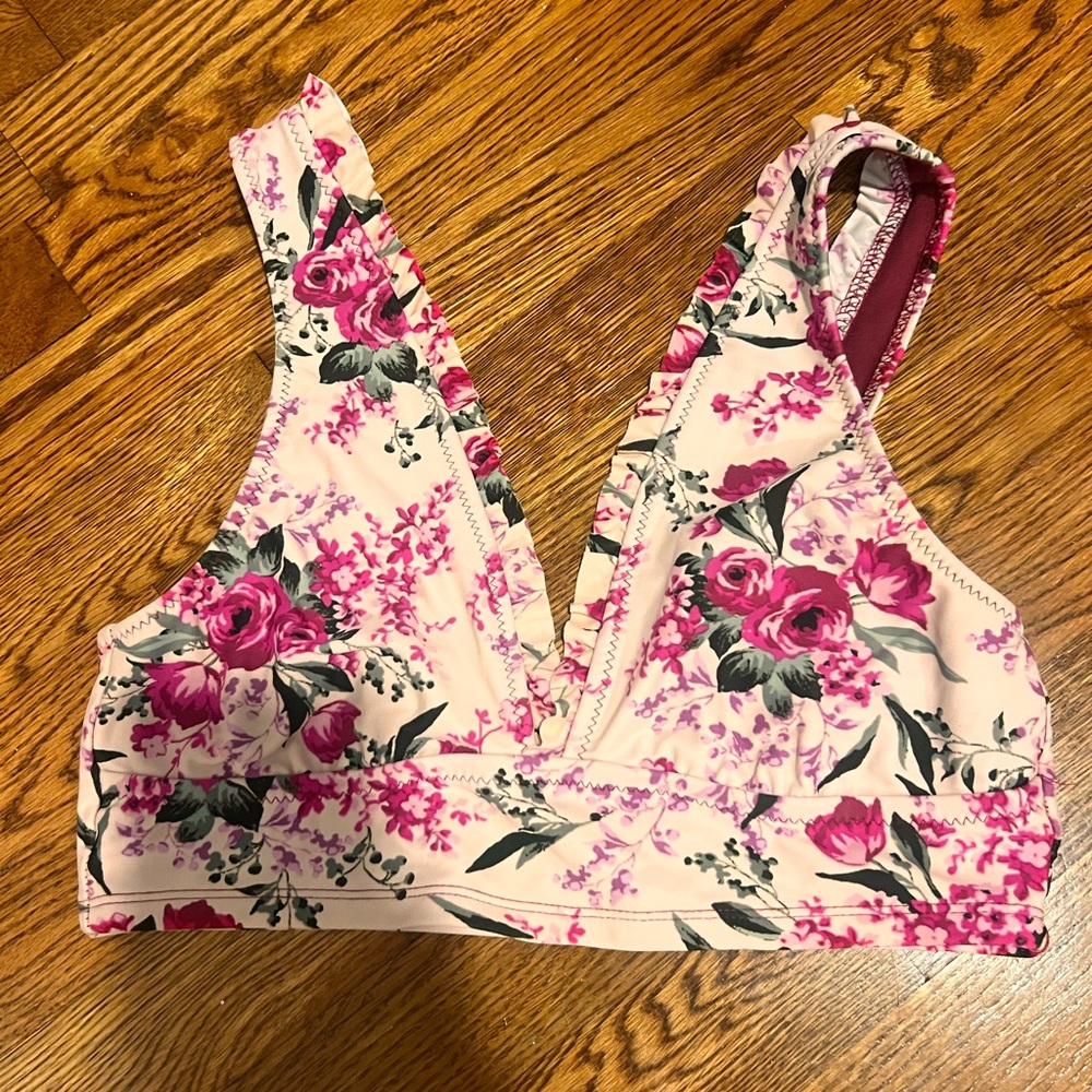 Pink and Cream Floral Bikini with V-Neck Design